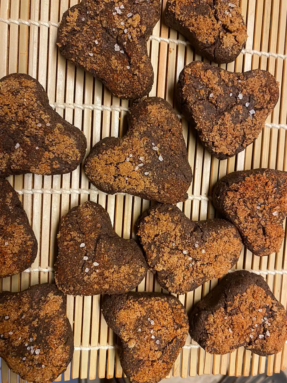 Cocoa Vibes tea made into heart shaped cookies topped with sea salt.